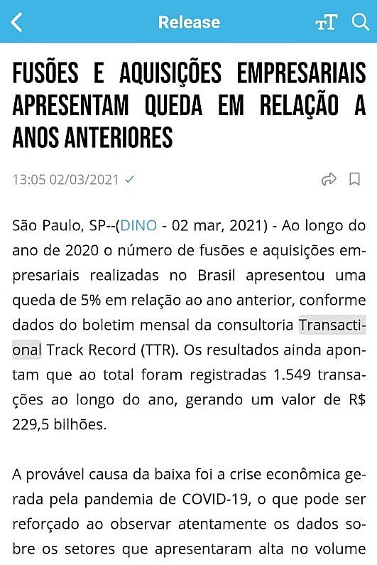 Fuses e aquisies empresariais apresentam queda em relao a anos anteriores